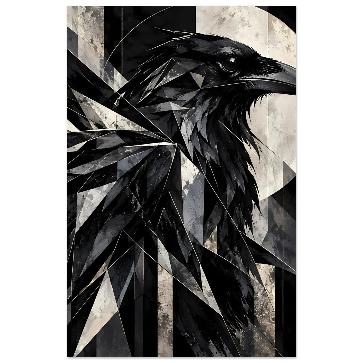 Kunstposter mit Rabenkopf im Detail, schwarz-weißes Federmuster aus Dreiecken.