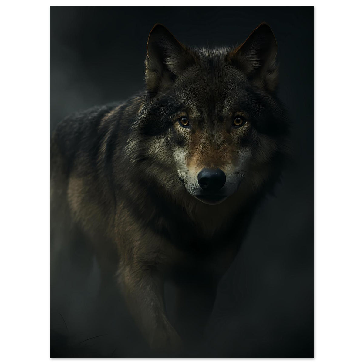 Wolfsposter im Hochformat mit Blick nach vorn, dunkler Fellzeichnung und gelben Augen