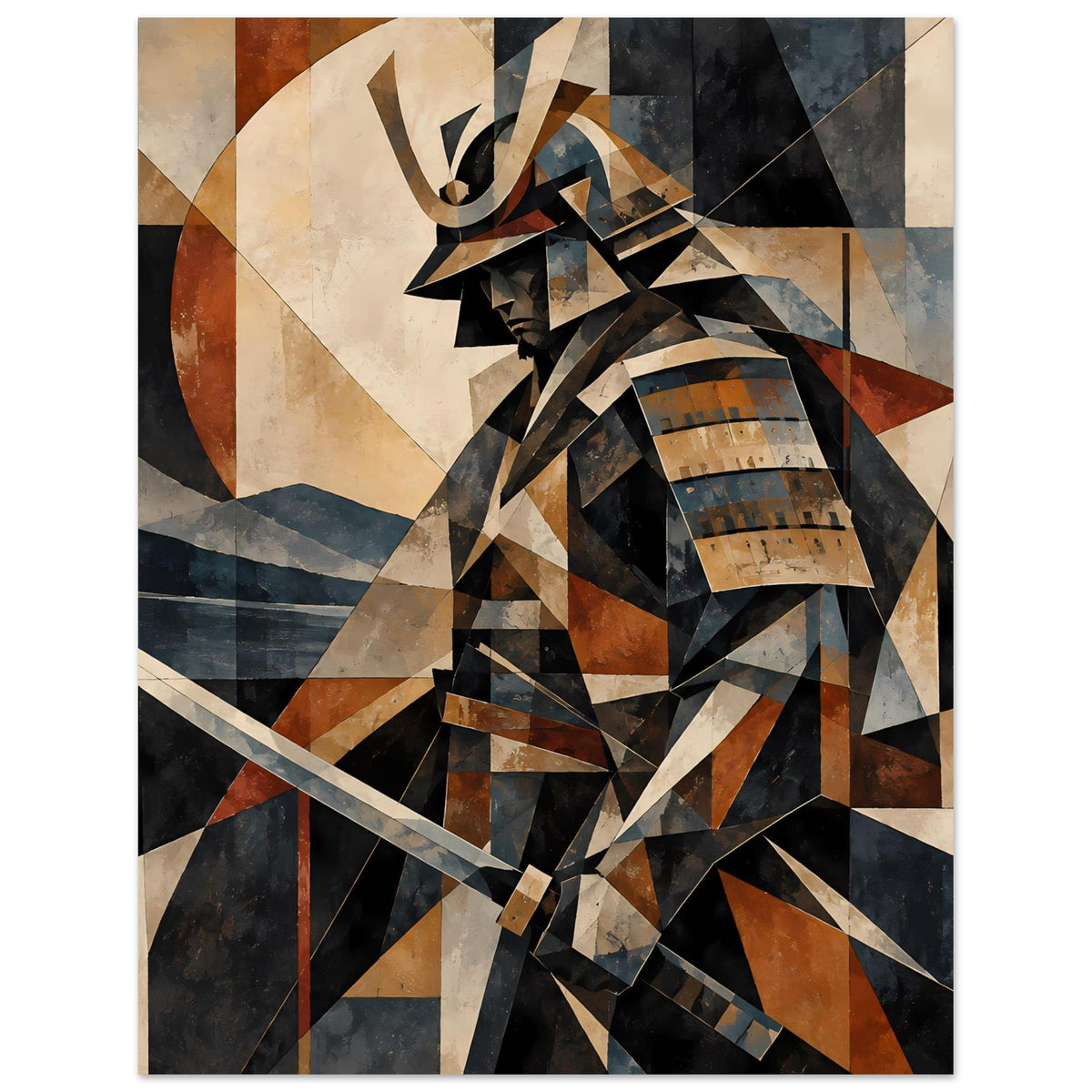 Poster mit Samurai-Krieger aus geometrischen Formen in Erdtönen und Blau