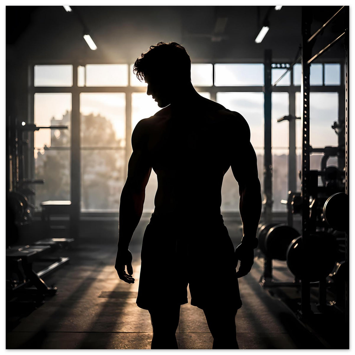 Quadratisches Fitnessposter mit dunkler Silhouette eines Athleten, frontale Pose