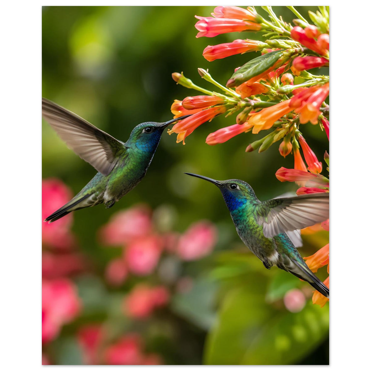 Poster mit Kolibris zwischen Blüten: zwei grün-blaue Kolibris am orangefarbenen Blütenzweig