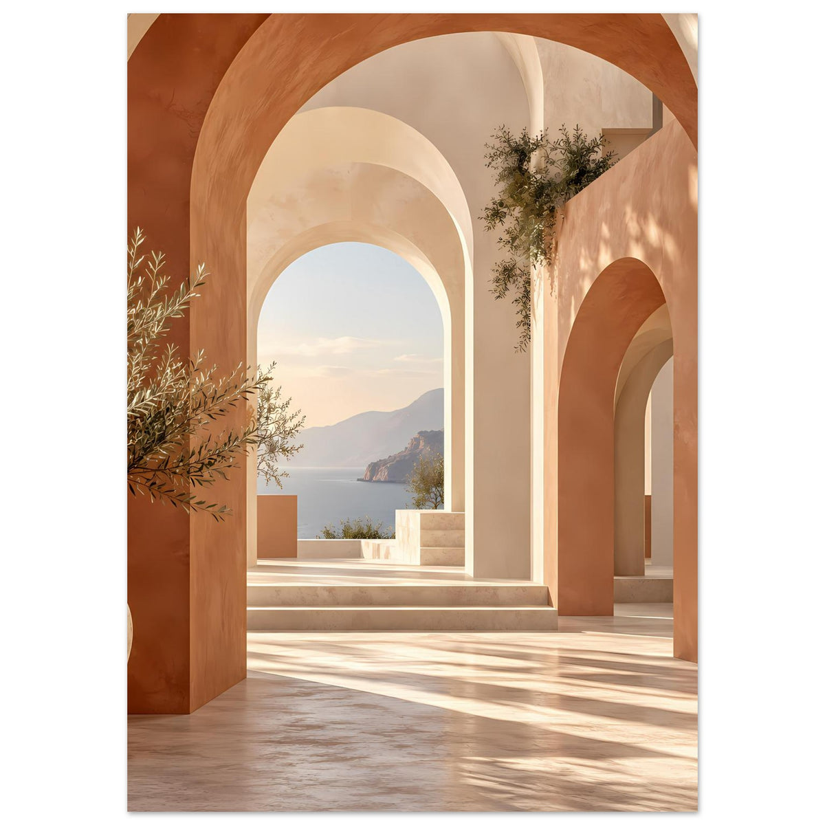 Mediterranes Poster mit durchgehender Rundbogen-Perspektive, warmes Licht, Landschaftsausblick
