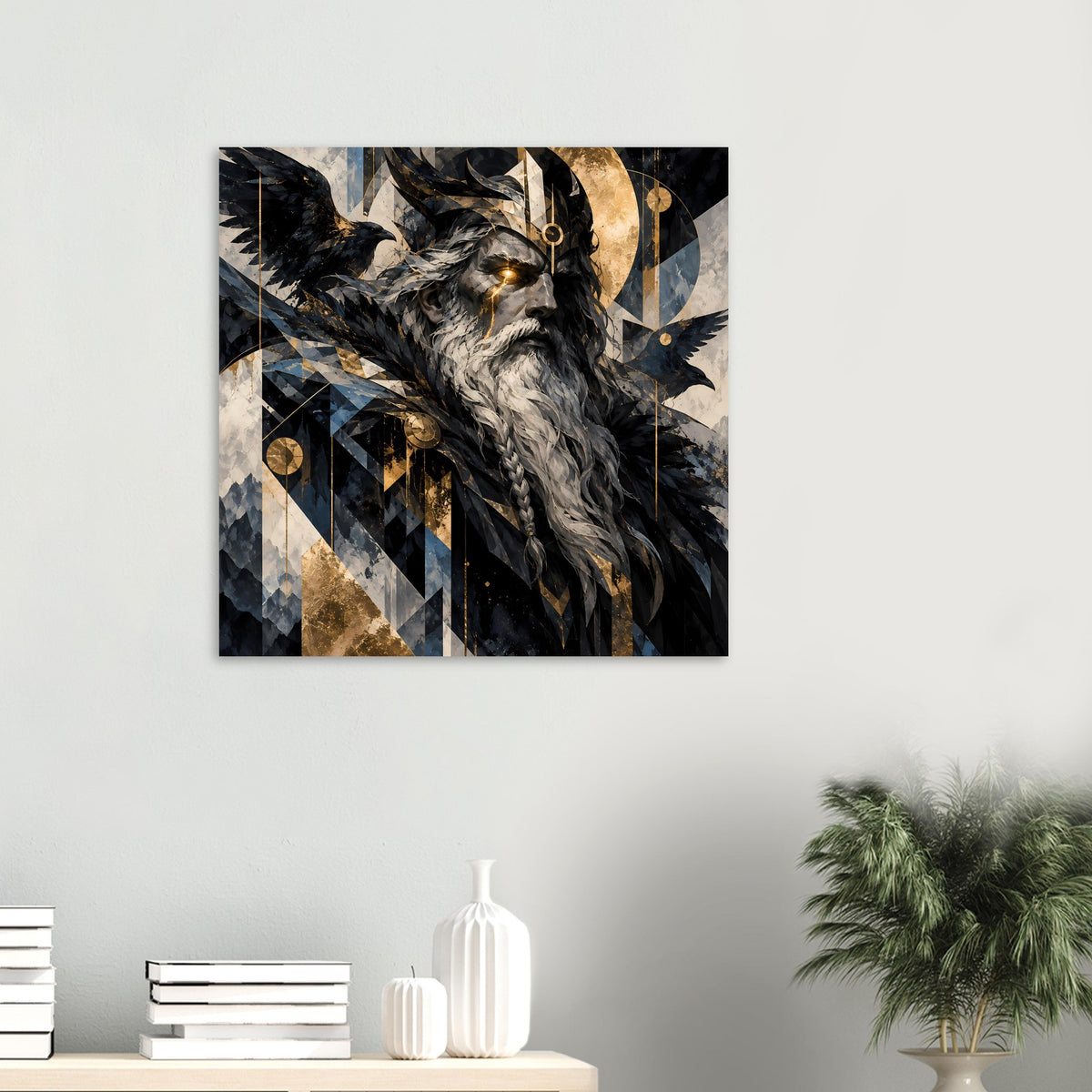 Kleines Poster mit Odin-Profil: goldene Augenakzente, Rabe und Runenmuster in Schwarz, Gold, Blau