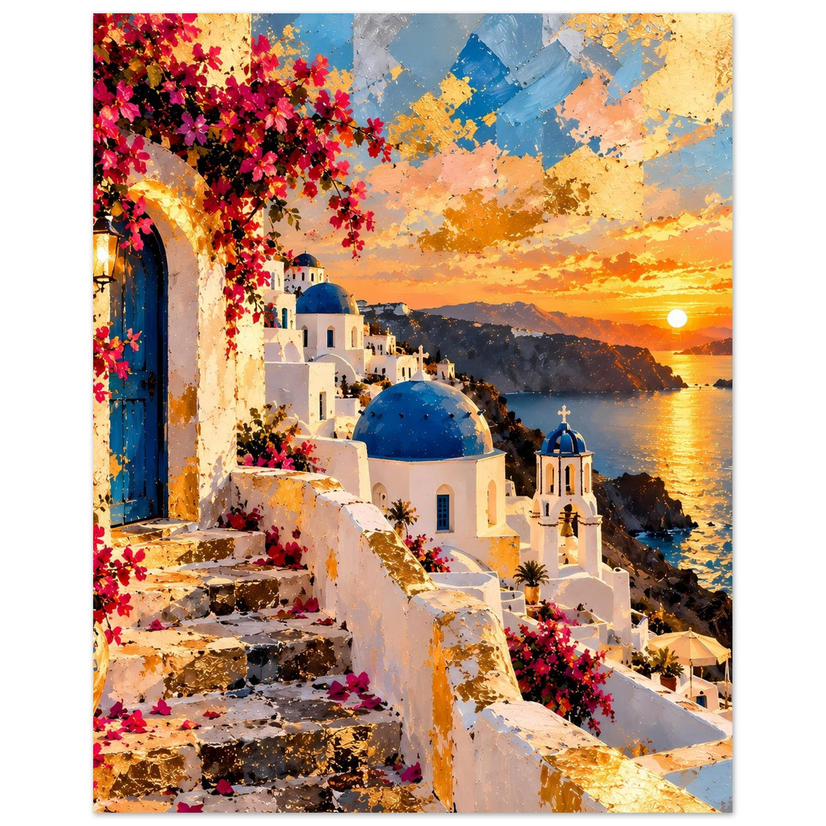 Poster mit Treppe, weißen Häusern und blauer Kuppel, bunten Blumen und Sonnenuntergang