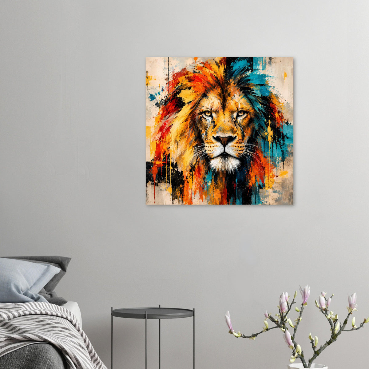 Löwenkunstposter mit buntem Löwenkopf, Spritzfarben in Orange, Blau und Gelb