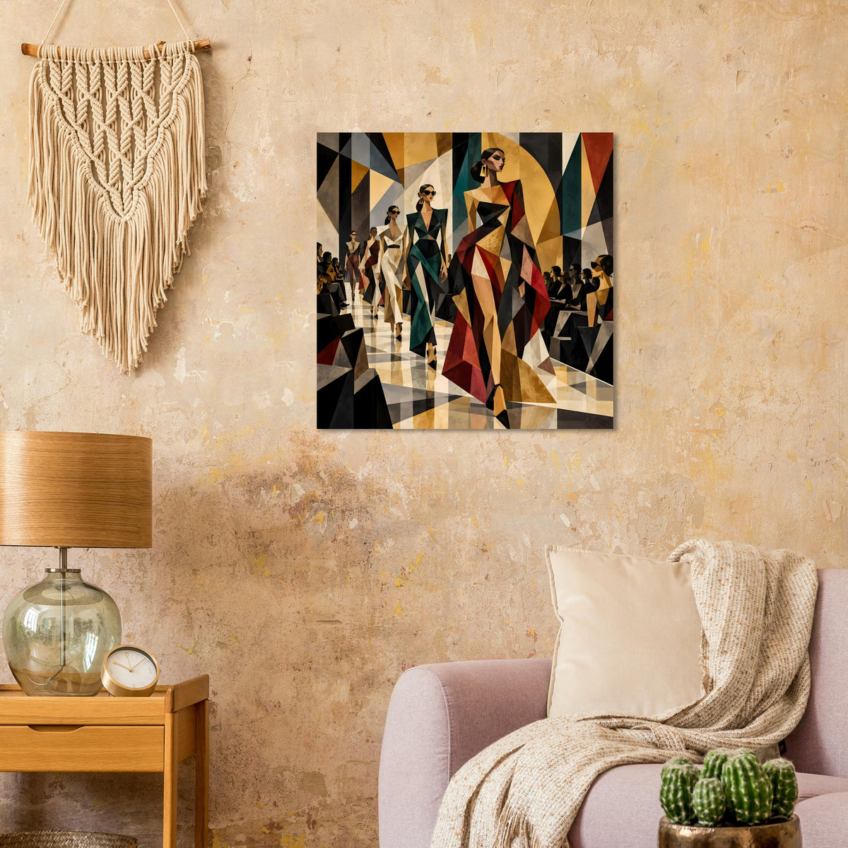 Quadratisches Poster mit schwarzem Rahmen, geometrischer Laufsteg mit Modefiguren in Gold, Rot, Grün