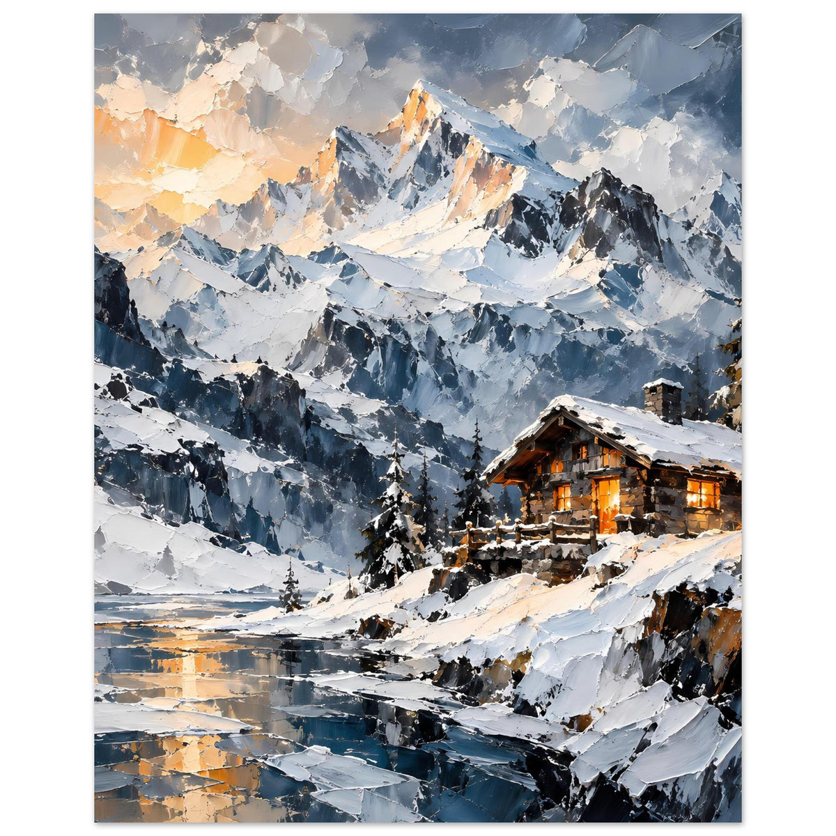 Vertikales Poster mit verschneiter Berglandschaft und warm beleuchteter Holzberghütte