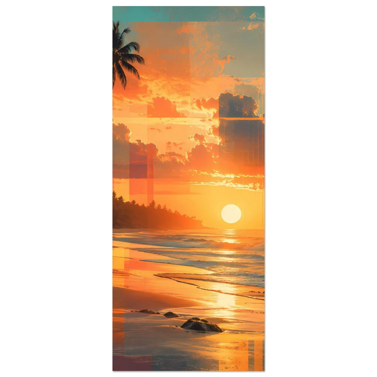 Beachposter im Hochformat mit Sonnenuntergang, Palmen und Strand mit Wellen