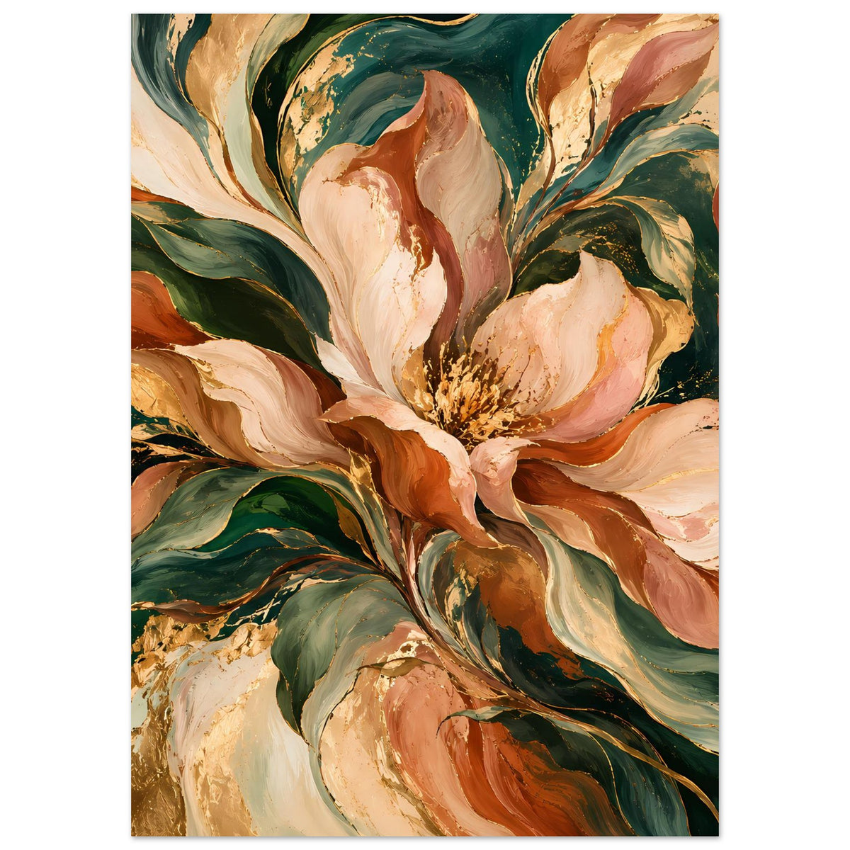 Blumenposter im Hochformat, große Blüten und Blätter in warmem Creme-, Orange- und Grün