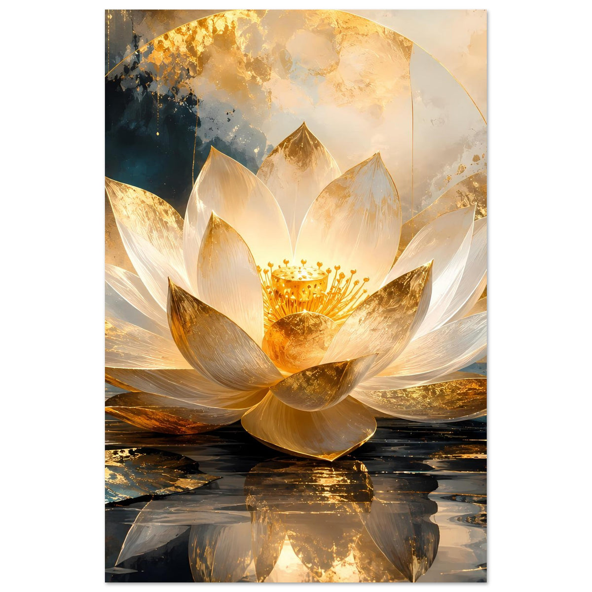 Kunstposter im Hochformat mit Lotusblüte, leuchtend goldene Mitte über Wasserreflexionen