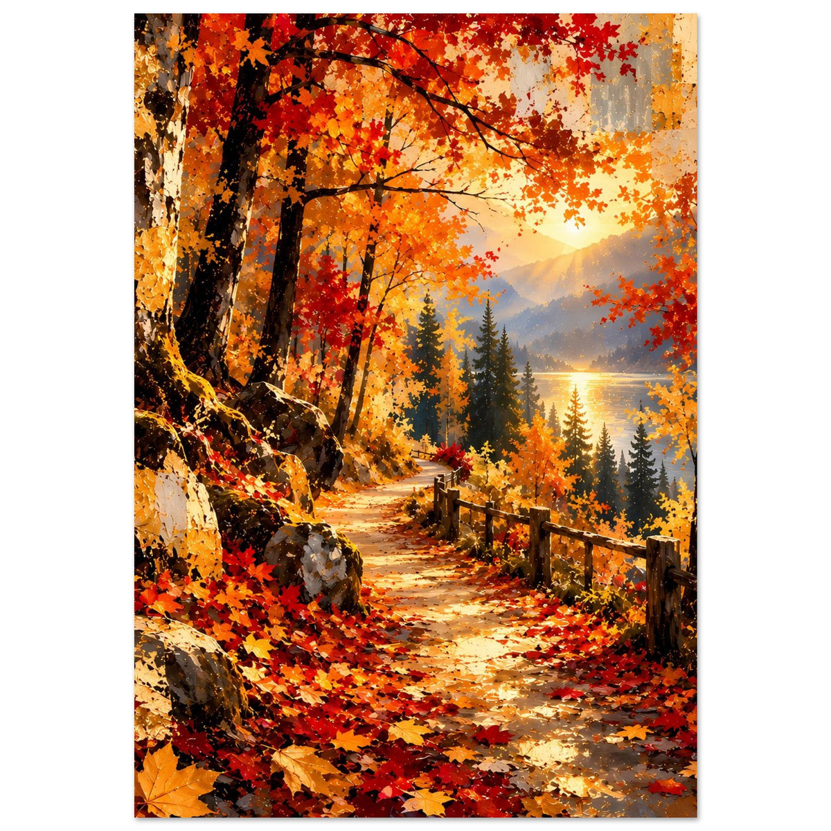 Herbst-Wanderweg-Poster im Hochformat: Waldweg mit Zaun, orange-rotem Herbstlaub und Abendlicht.