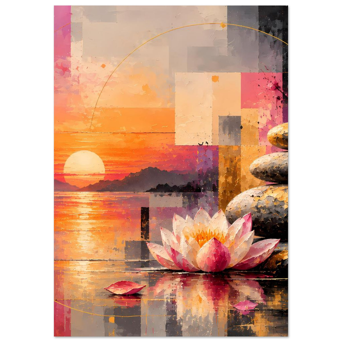 Kunstdruck im Hochformat: Lotusblüte mit rosa Blättern, Steinstapel und Sonnenuntergang