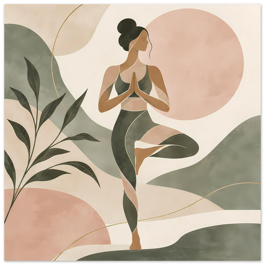 Abstraktes Yoga-Poster mit Meditationsfigur in Salbeigrün und Rosé