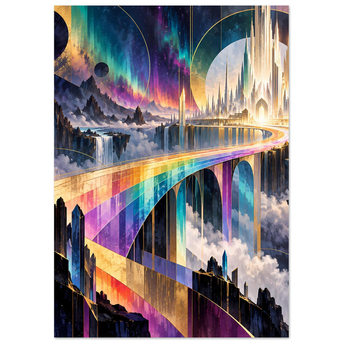 Vertikales Poster mit Regenbogenbrücke, bunten Bögen und funkelnder Skyline über Nebel