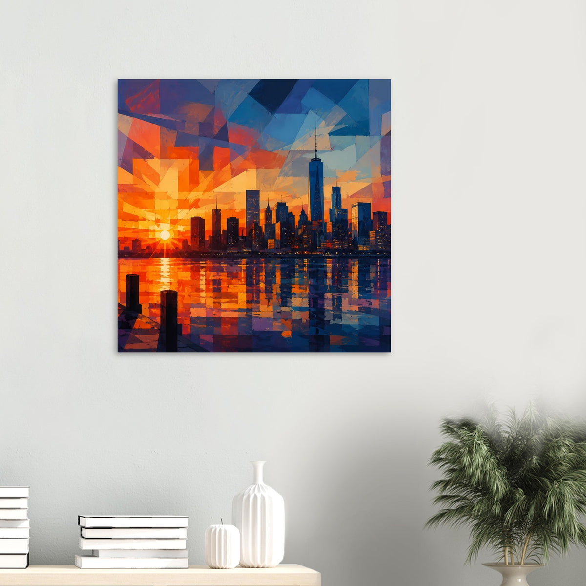 Quadratisches Poster in dunklem Rahmen mit abstrakter City-Skyline im Sonnenuntergangsdesign