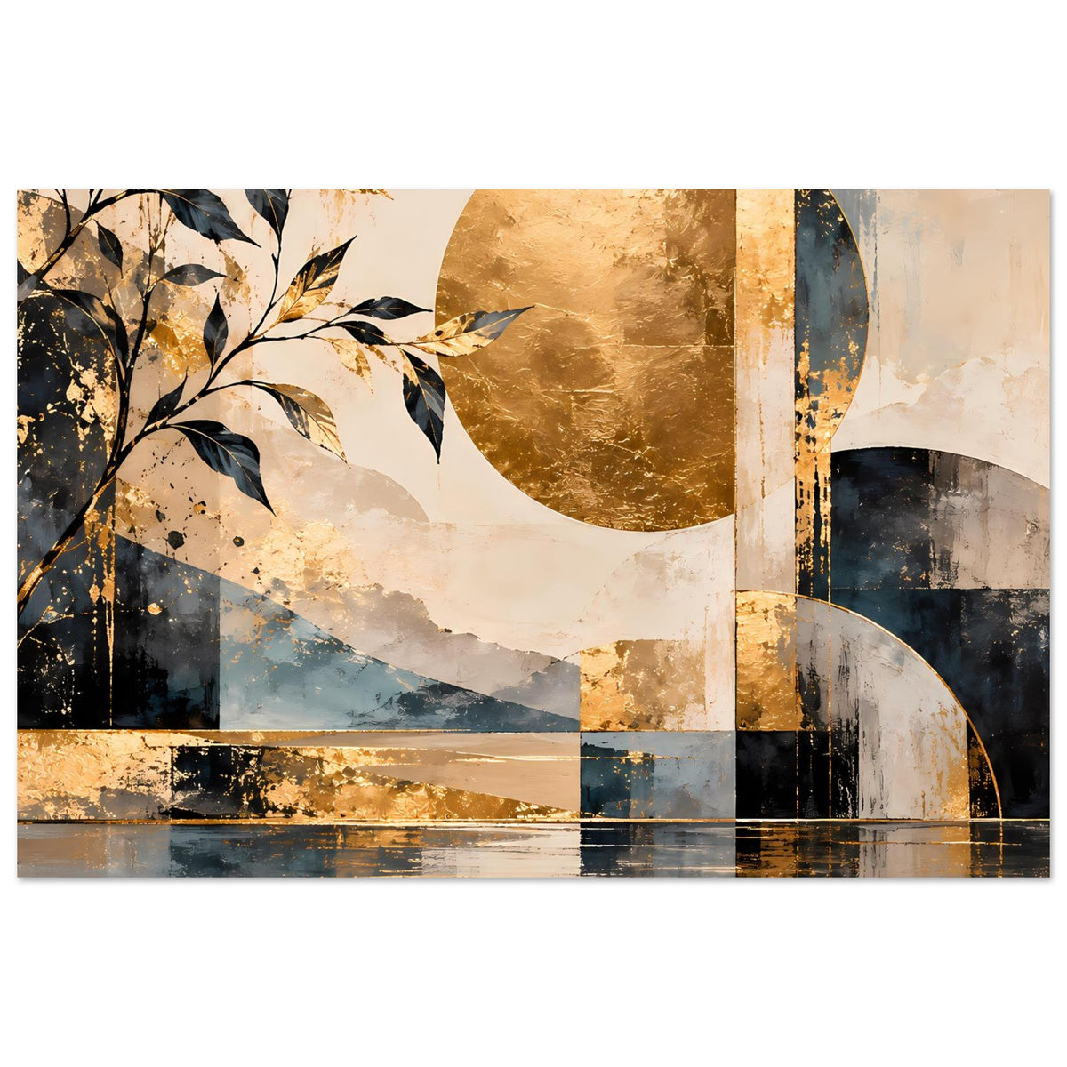 Kunstposter mit goldenen und blauen abstrakten Formen, Streifen über Wasserlinie, Blattzweige