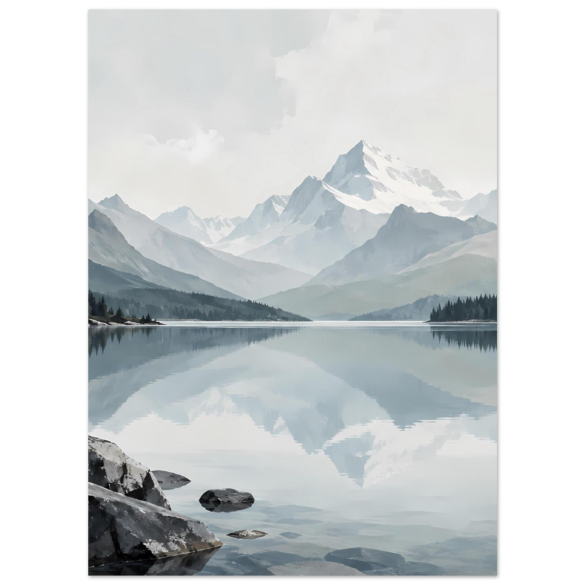Kunstdruck mit Bergsee, reflektierter Bergwelt und Felsen am Ufer, vertikal