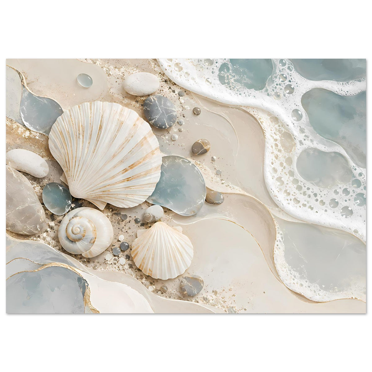 Kunstdruck mit Muscheln und Muschelfragmenten in Sand, umgeben von weißem Schaum und hellblauen Flächen