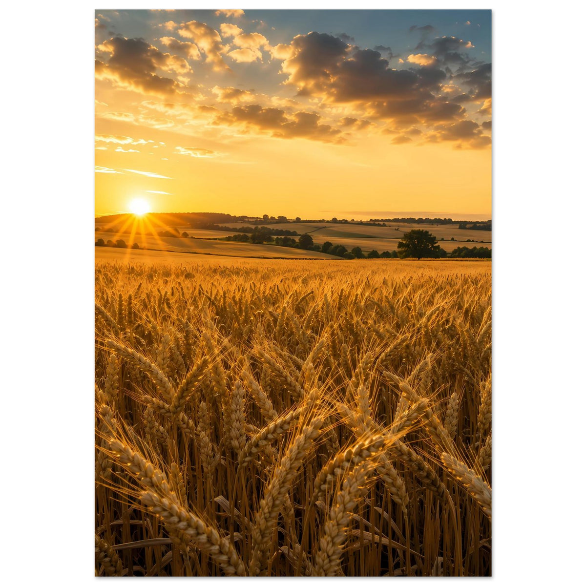 Poster im Hochformat mit Weizenähren im Vordergrund und warmem Sonnenaufgang