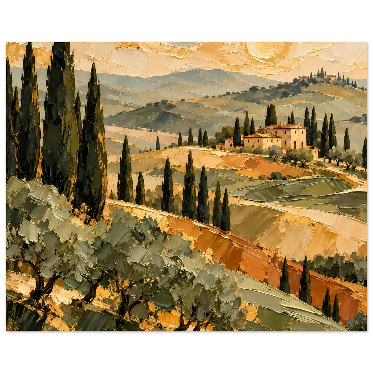 Goldfarbenes Tuscan-Landschafts-Poster mit Zypressen, Weinbergen und Landgut