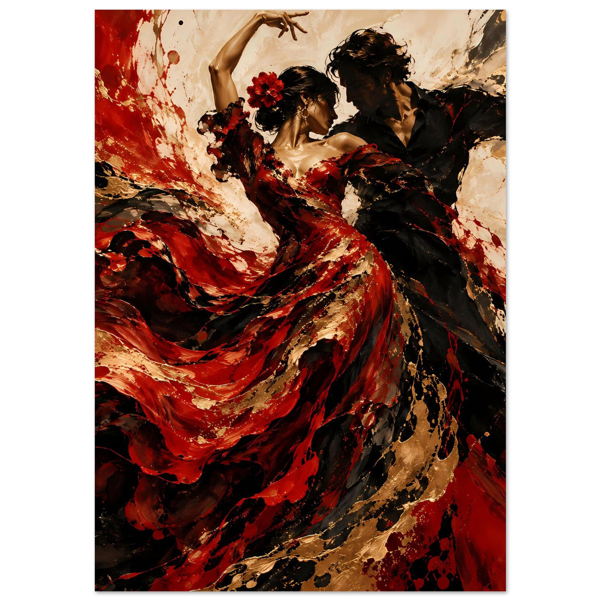 Vertikales Flamenco-Poster, Nahansicht der Tänzerinnen, roter Rock und schwarze Details mit Goldtönen