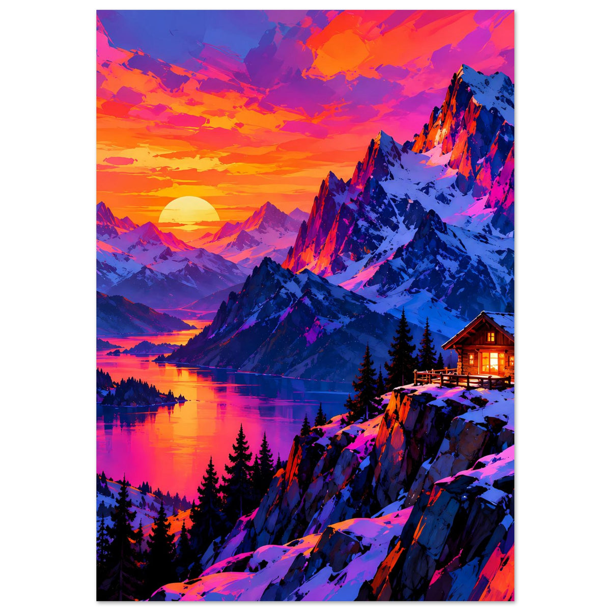 Vertikales Poster mit Sonnenuntergang, Bergkette, See und beleuchtetem Haus am verschneiten Hang.