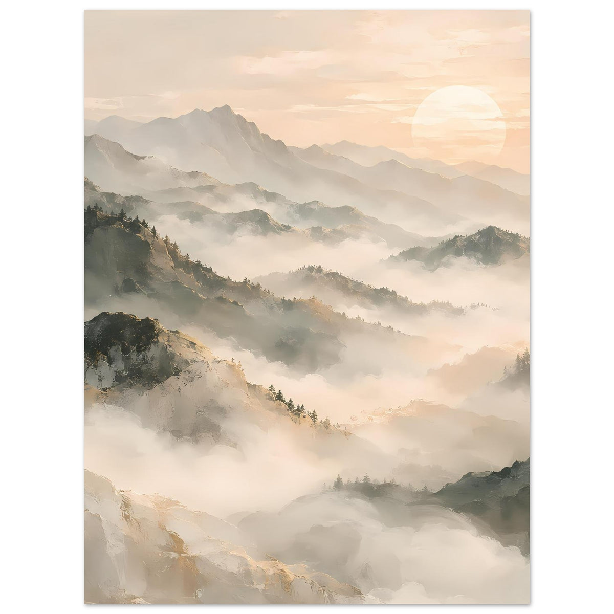 Poster mit Berglandschaft im Nebel, warme Pastellfarben und Sonne, matter Kunstdruck, hochformat