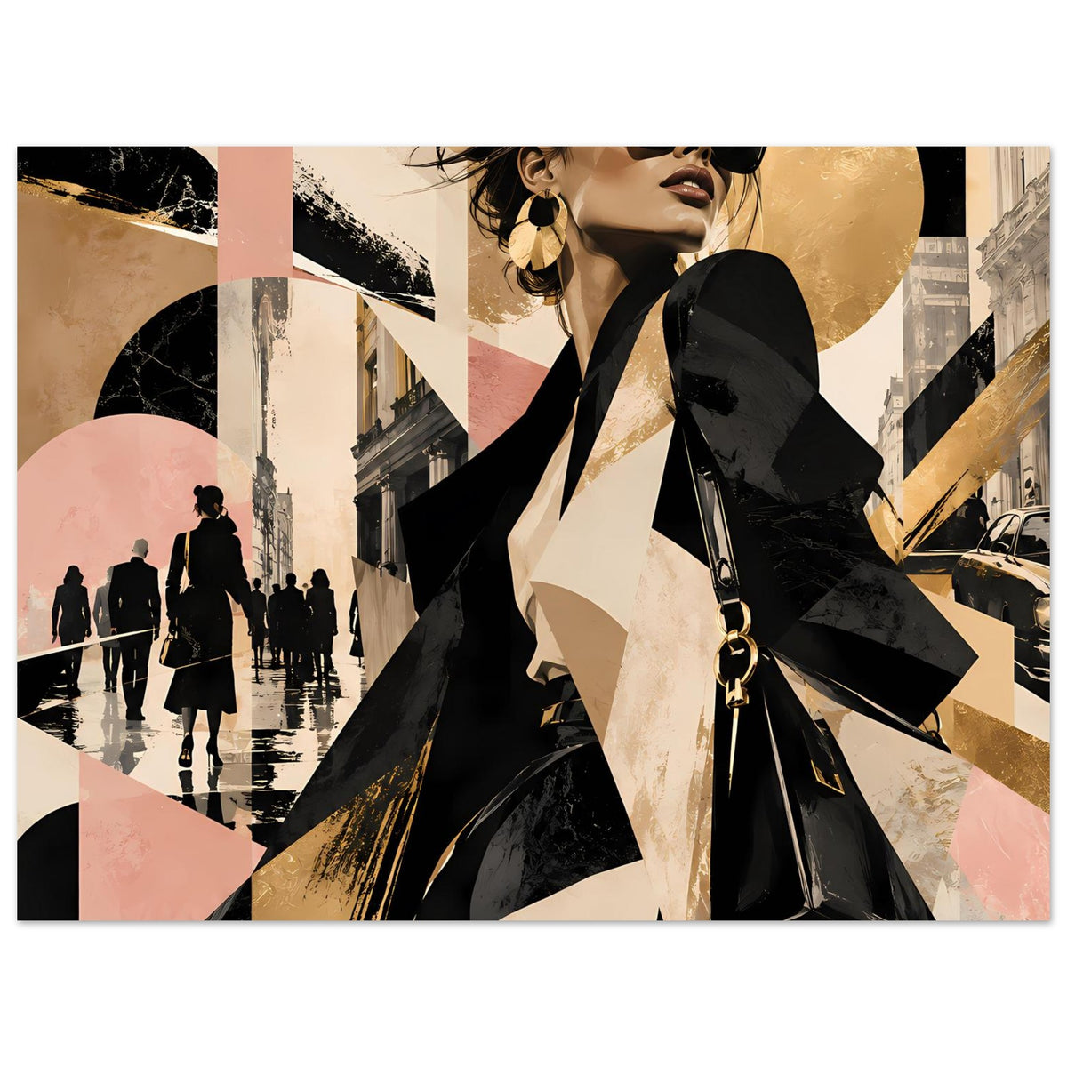 Wandposter-Close-up der stilisierten Frau mit Sonnenbrille und schwarzer Handtasche