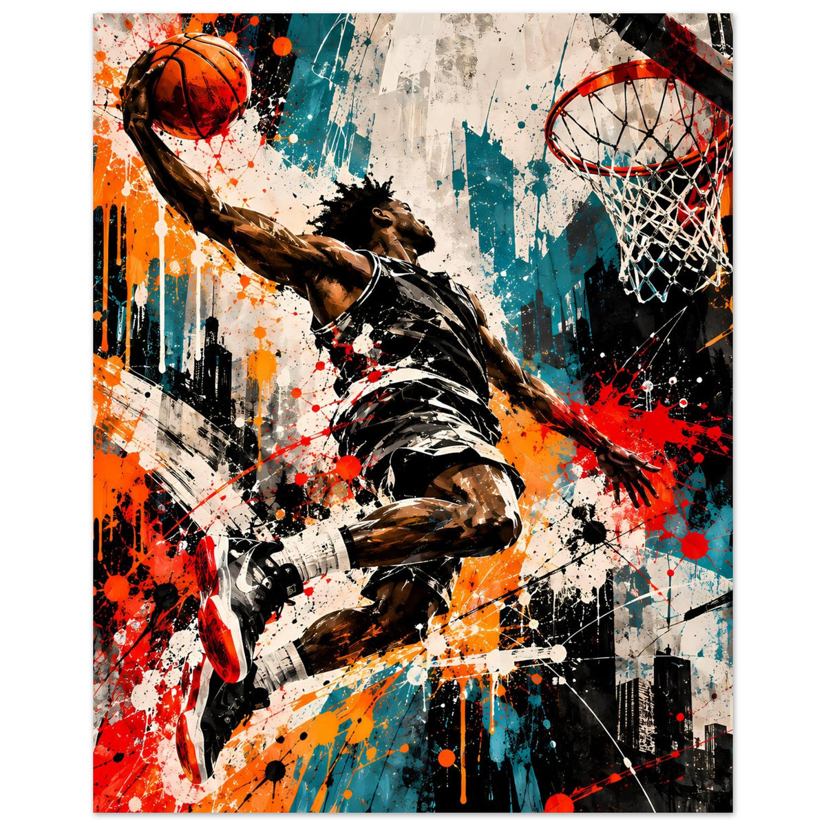 Basketball-Poster im Hochformat: Spritzkunst-Spieler, orangefarbener Ball, Korb mit Netz