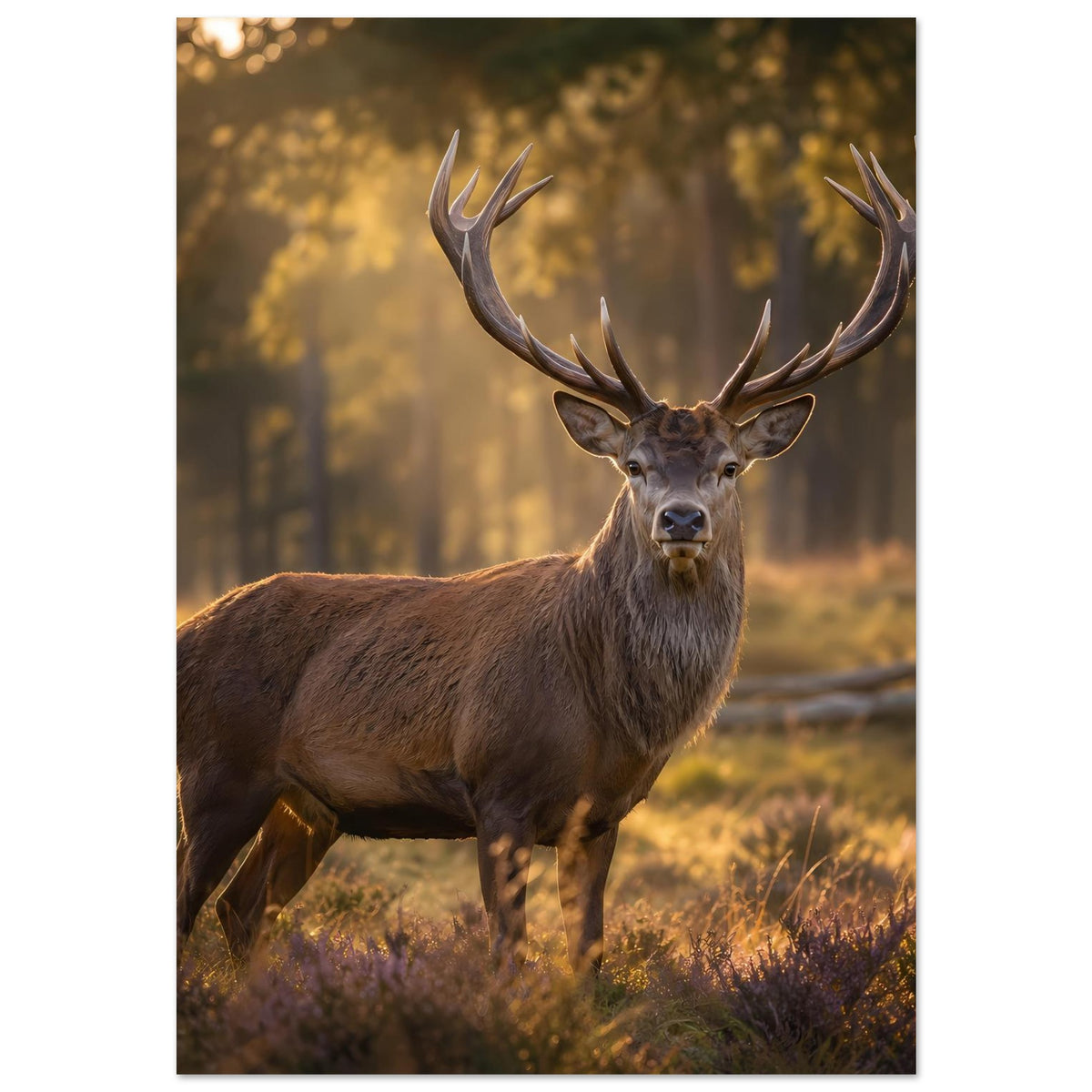 Hirsch-Wandposter: brauner Geweihhirsch im Wald mit ausladendem Geweih