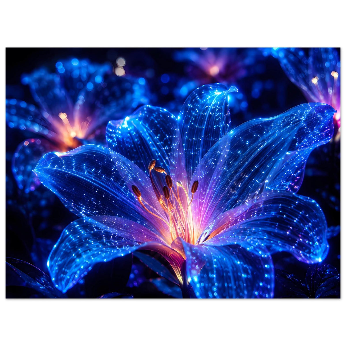Blumenposter: blaue, schimmernde Blütenblätter mit Glitzer und orange-rosafarbenem Zentrum