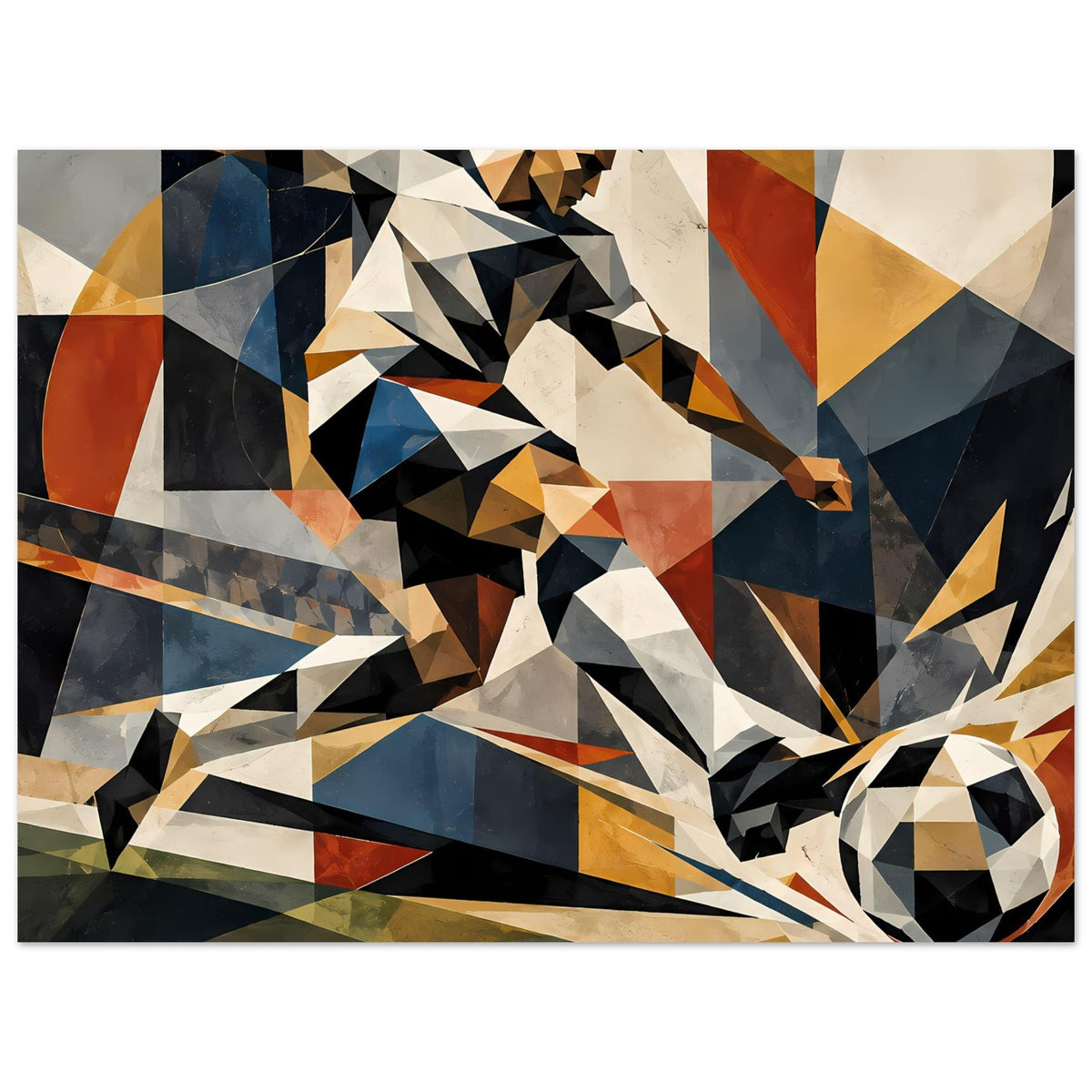 Querformat-Poster mit abstrahiertem Fußballspieler, geometrische Farbfelder, Ball sichtbar