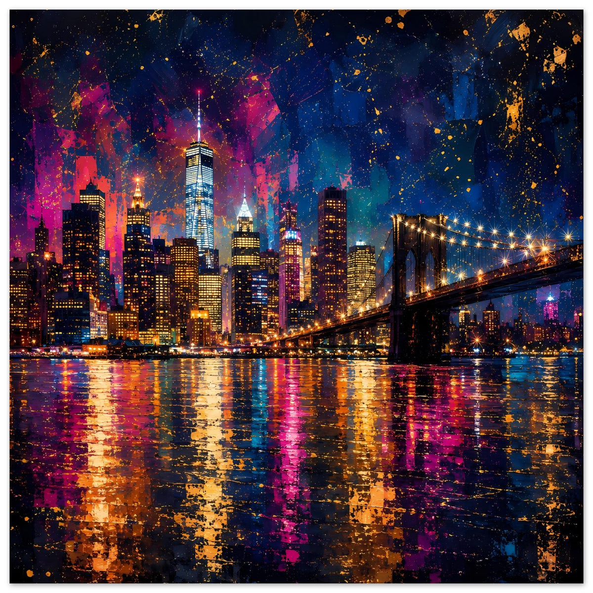 Wandposter mit Skyline, Hängebrücke und Sternen-/Spritzlichteffekt im nächtlichen Himmel