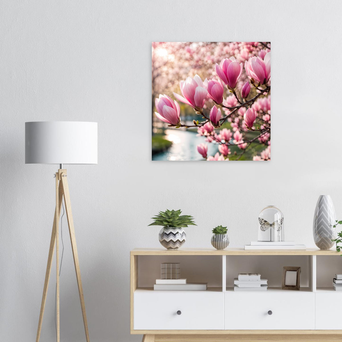 Blumenposter mit rosa und weißen Magnolienblüten im quadratischen Format
