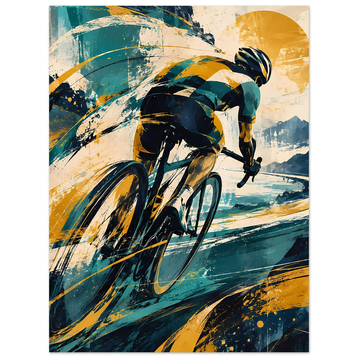 Sportposter mit Radfahrer in Frontansicht, Blau und Gelb, abstraktes Action-Motiv