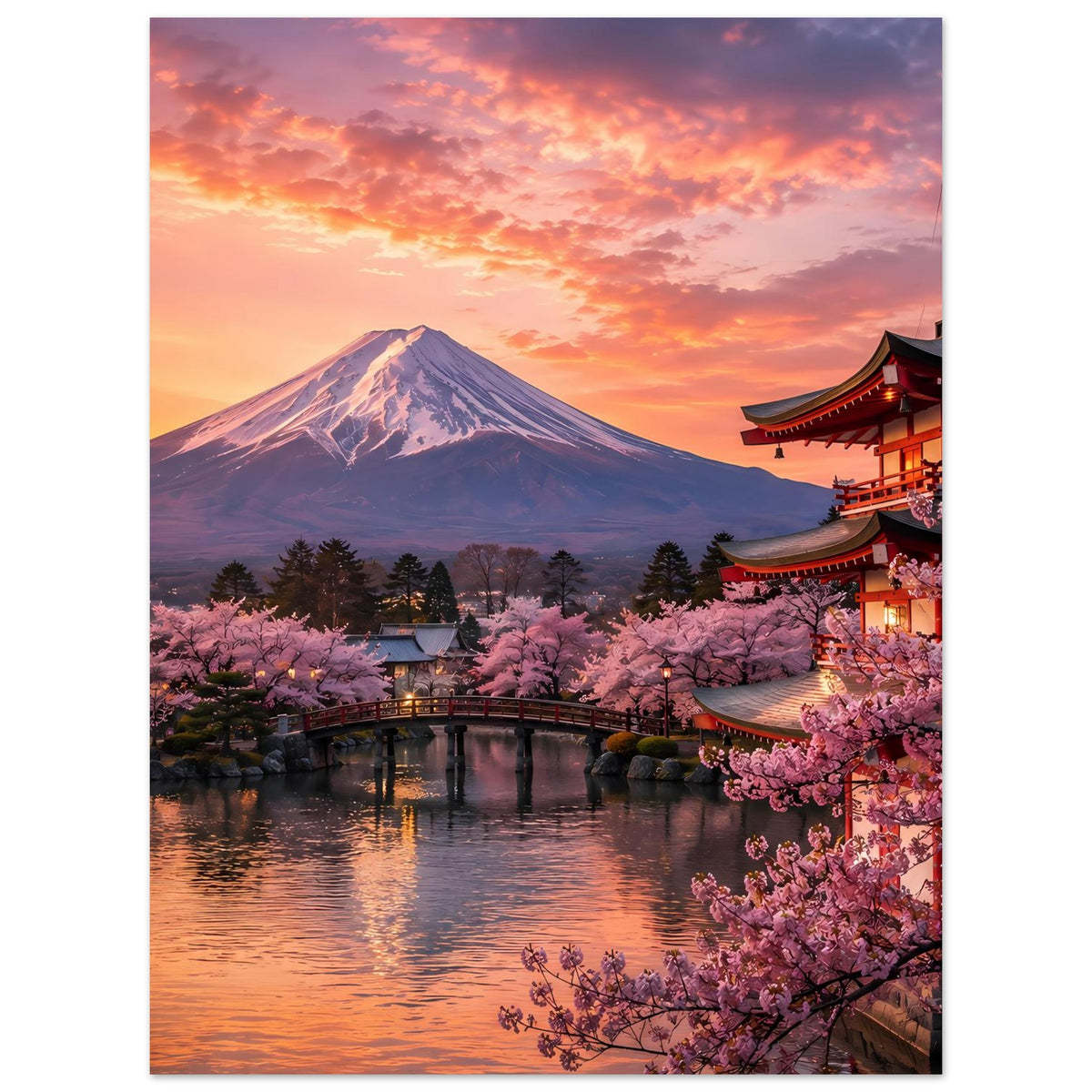 Wandposter mit Mount Fuji, Kirschblüten am Ufer und japanischem Tempel rechts bei Dämmerung