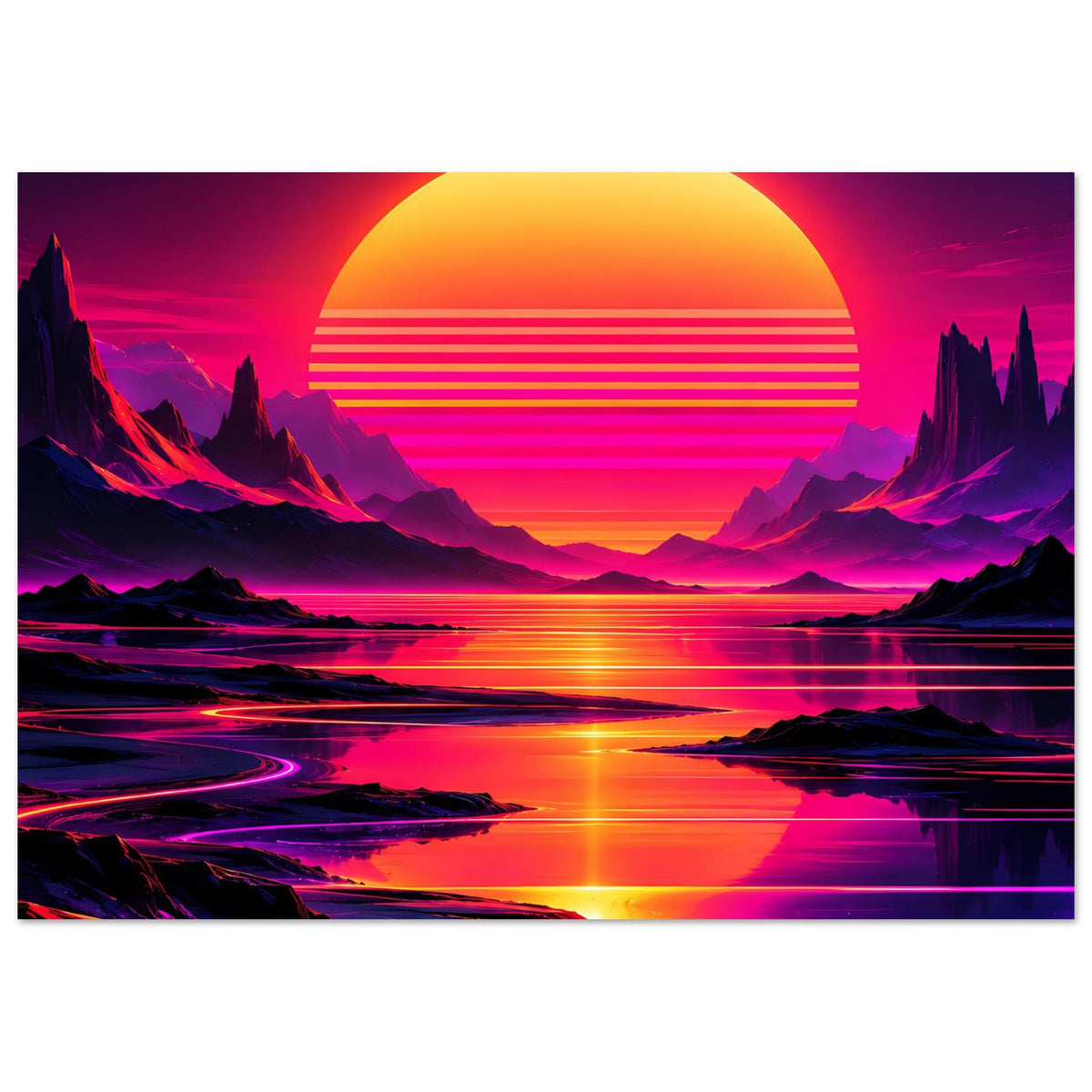 Neon-Poster mit retro Sonnenuntergang, Bergen und Wasser, orangegelbe Sonne über violettem Licht