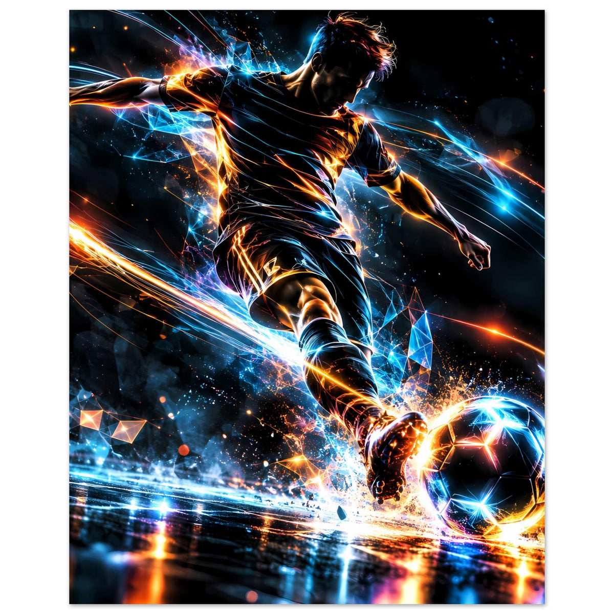Fußball-Actionposter mit rennendem Spieler und Ball, neonfarbene Energieeffekte