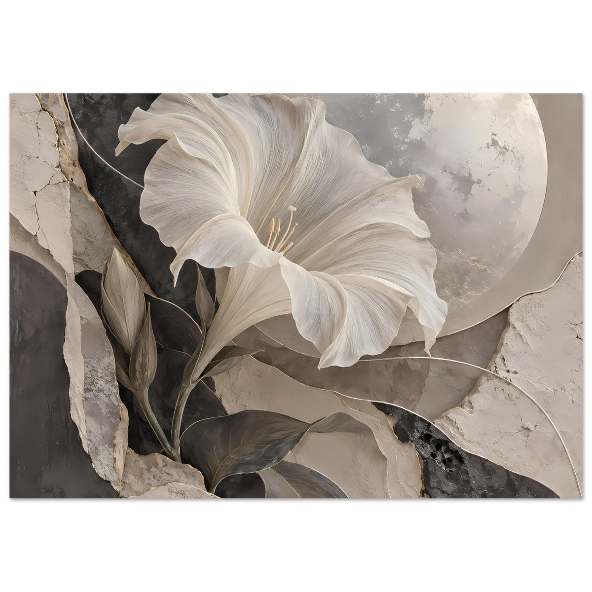 Kunstposter im Querformat: weiße Blüte mit Halbmond, umgeben von Steinstruktur