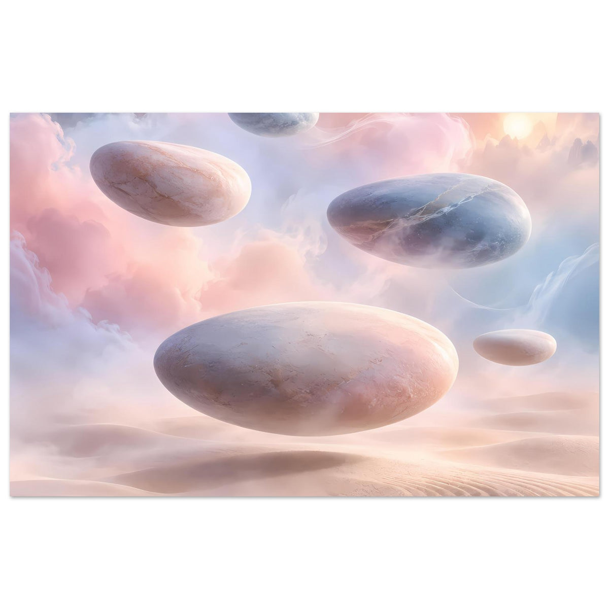 Pastellposter mit schwebenden Felsen über rosafarbenen Wüstendünen