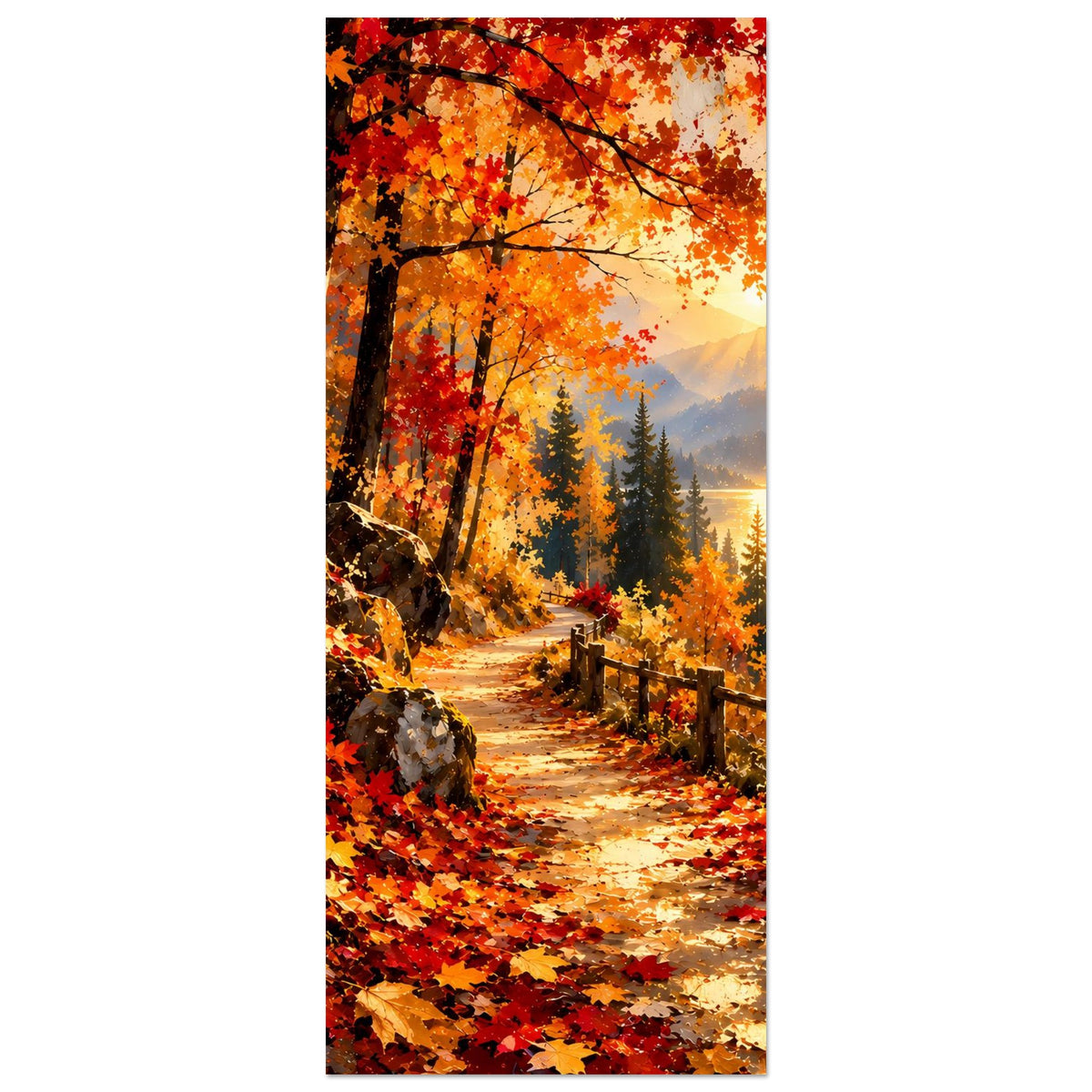 Vertikales Herbst-Wegposter mit bunt verfärbten Bäumen, Steinmauer und Holzgeländer