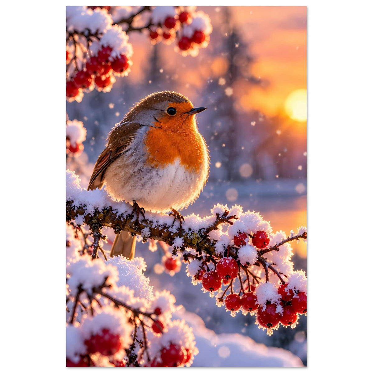 Hochkant-Poster mit Rotkehlchen auf winterlichen Zweigen, rote Beeren, goldene Abendsonne