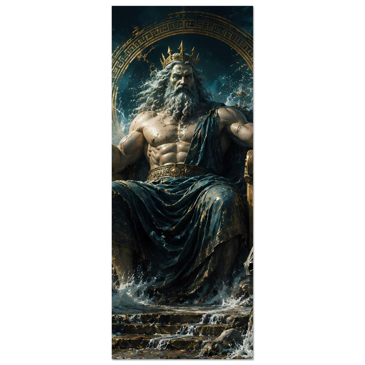 Hochformat-Poster, Poseidon-Statue im mittleren Bildbereich mit Mantel und Zepterarm