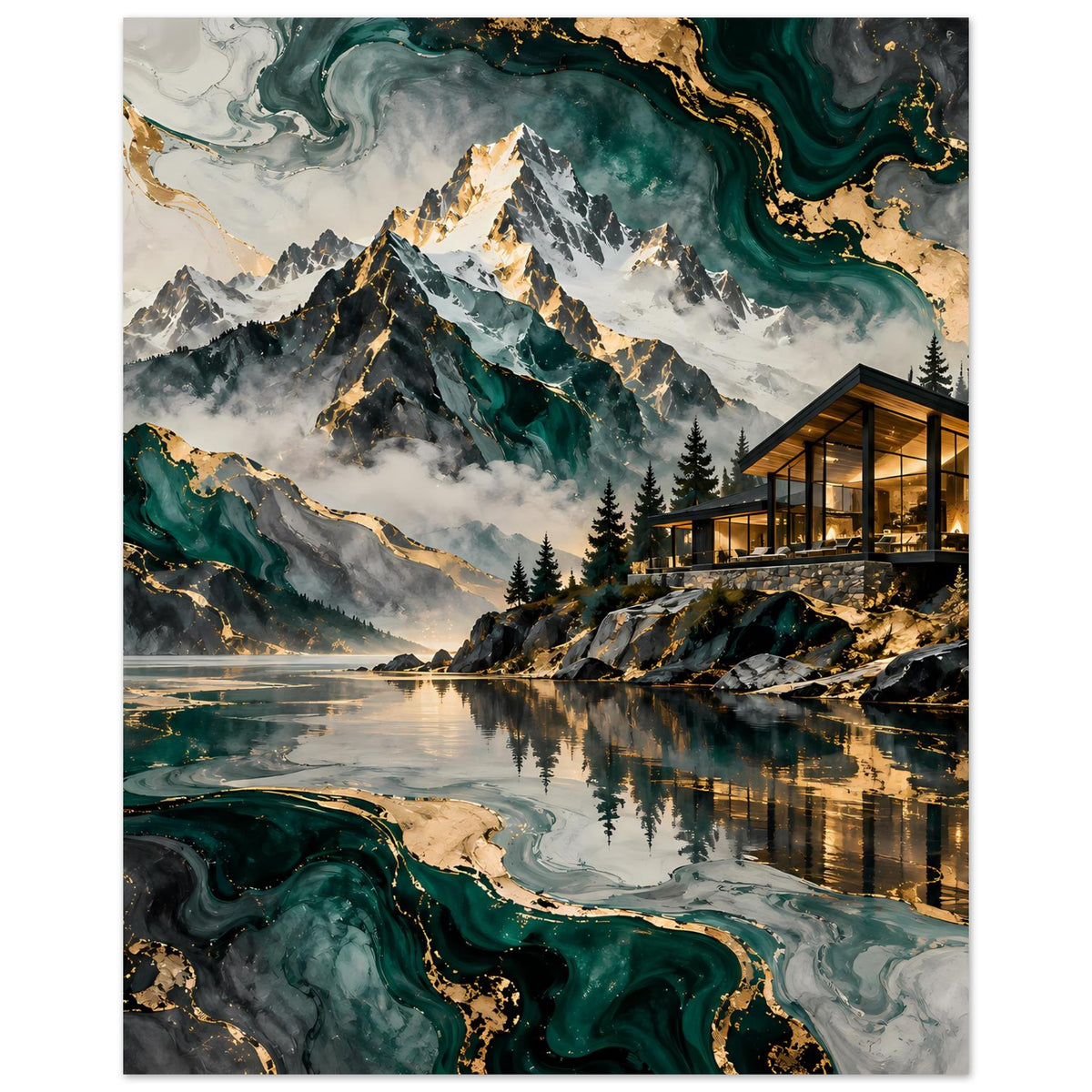 Hochformat-Poster: Berggipfel, türkisgrüner See und Glaspavillon mit goldenen Lichtern.