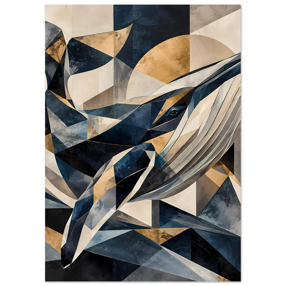 Vertikales Poster: Wal im geometrischen Muster in dunklem Blau und Creme