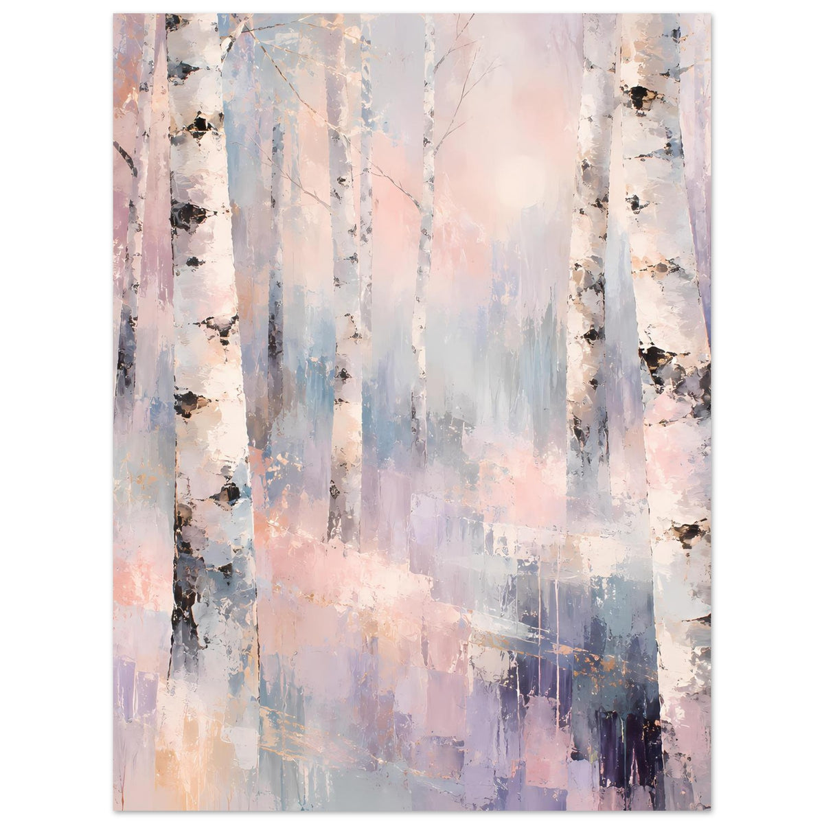 Hochformatiges Naturposter Birkenwald in Pastellfarben, helle Stämme mit dunklen Akzenten