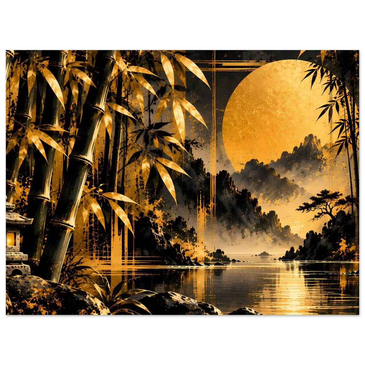 Poster im Hochformat: goldener Bambus, neblige Uferlandschaft und Spiegelung im Wasser