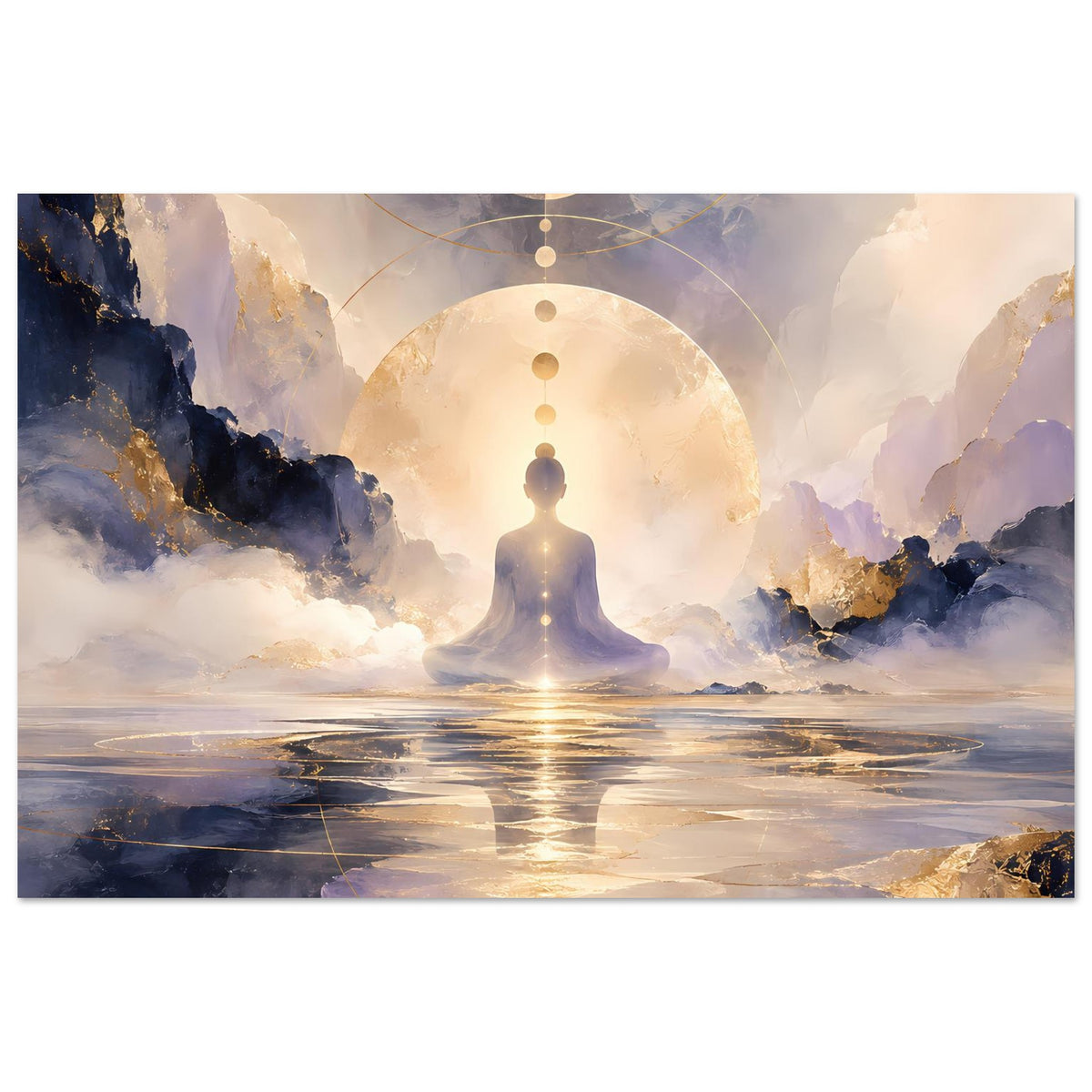 Meditationsposter horizontal: zentrale Silhouette, Goldmond, Kreislinie über Wolken und Meer.