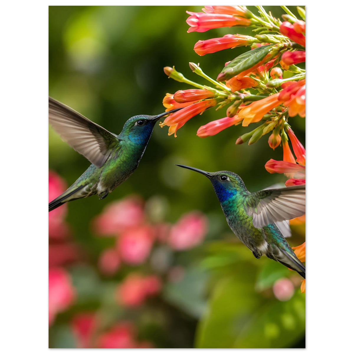 Poster mit zwei blauen Kolibris im Flug an orangefarbenen Blüten