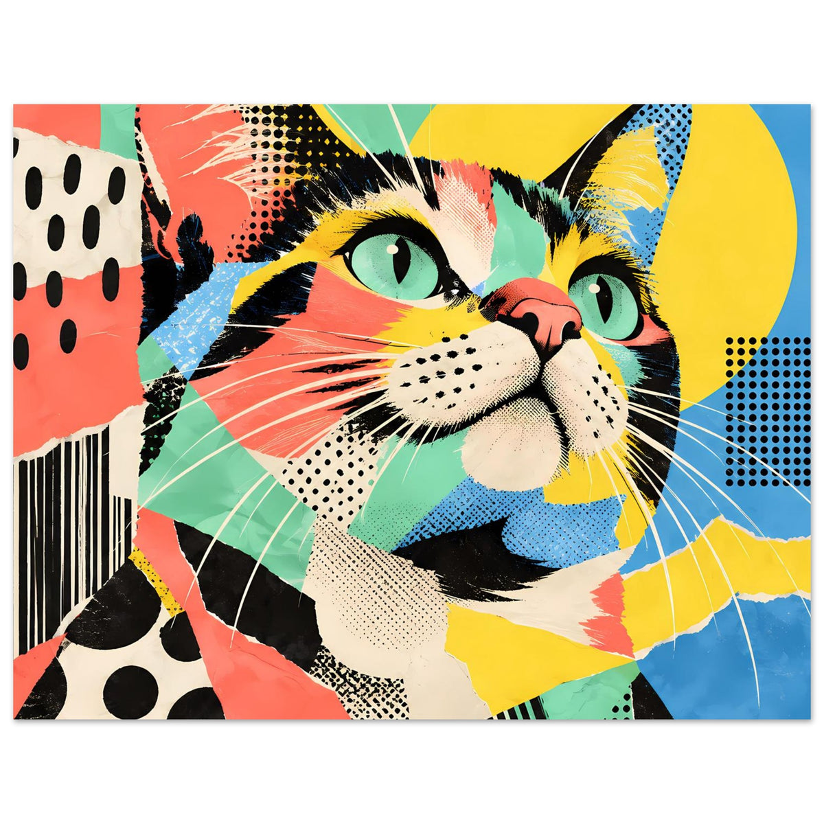 Pop-Art-Katzenposter, horizontales Motiv: Katzenporträt mit leuchtenden Farben und Punktmuster